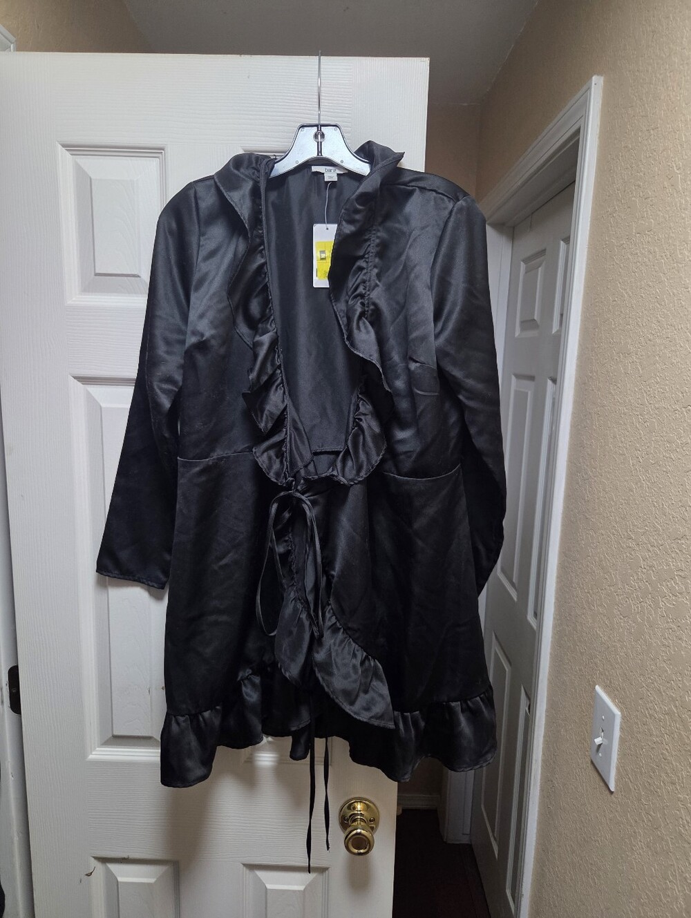 Bar III Black Satin Open Cardigan with Ruffle Trim, NWT